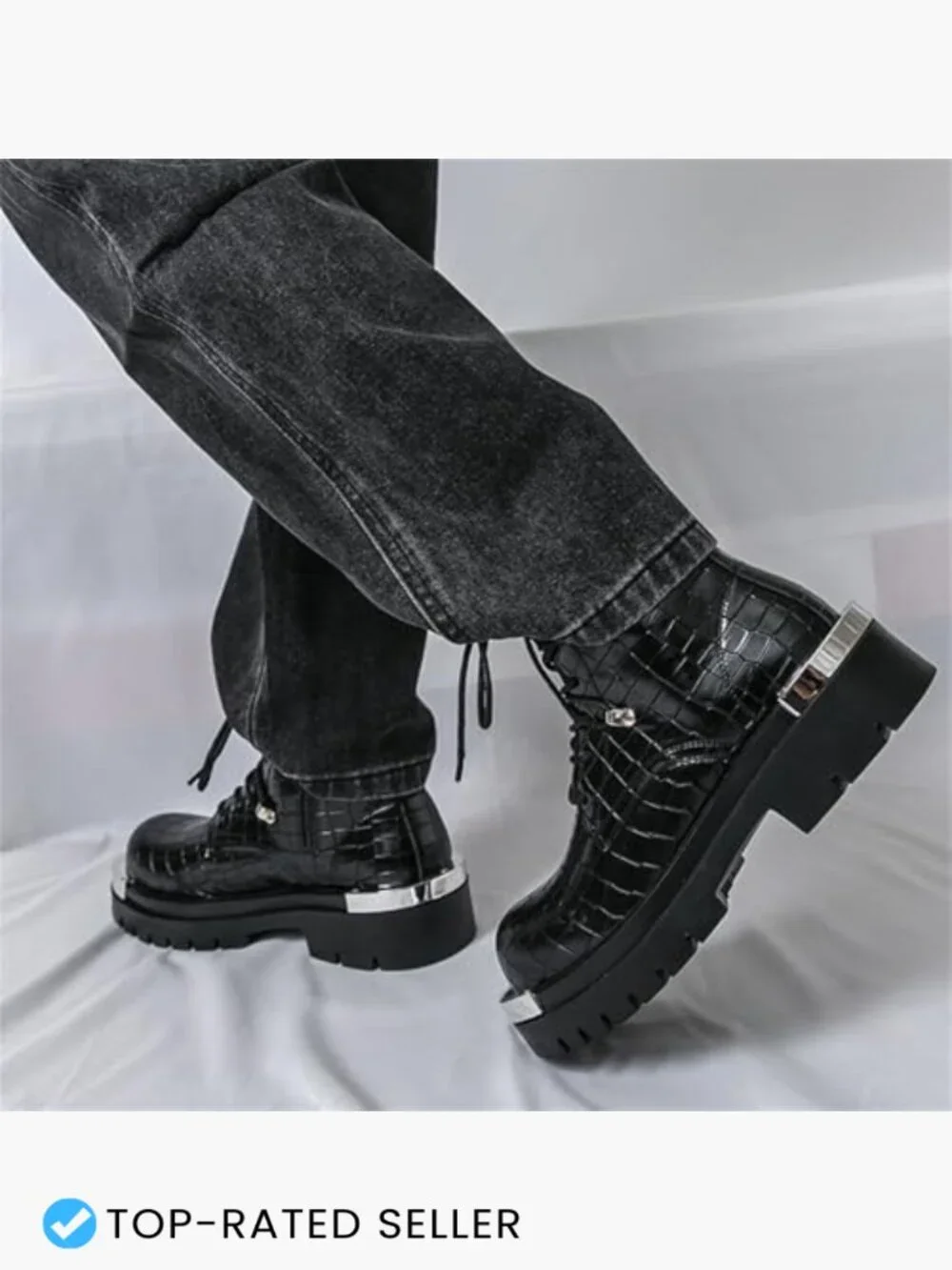 Stone Texture Patent Leather Lace Up Platform Ankle Combat Boots with Metal